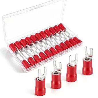 Tellegloww 50 Pack Fork Spade Terminals, Tin-Plated Copper, 8 AWG (10 mm), #8 (M4) Stud, PVC Insulated Crimp Connectors for Automotive, Marine, RV, Battery, Electrical Wiring