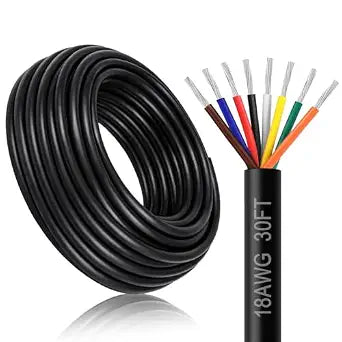 18 Gauge 8 Conductor Electrical Wire, 30FT 18AWG Black PVC Stranded Tinned Copper 8 Wire Cable, 18/8 Cord Extension Cable for LED Lamp Lighting, Automotive Wiring, Speaker, Access Control