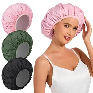 3Pcs Reusable Shower Cap for Women, Hair Cap for Shower, Waterproof Shower Cap with Elastic Band for Long, Thick or Curly Hair