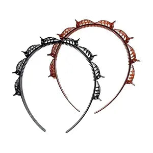 2Pcs Black and Reddish Brown Double Bangs Hairstyle Hairpin Headband With 8 Small Clip, Women Double Layer Twist Plait Hair Tools for Curly, Toothed Hair Bands Braid Tool Hair Accessories
