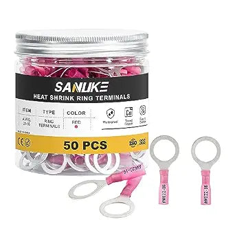 Sanuke 50pcs Heat Shrink Wire Connectors, 22-16 AWG Red 1/2" Ring Terminals