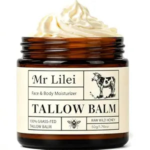 Beef Tallow for Skin - 100% Organic Grass-Fed Beef Tallow Balm with Raw Honey, Natural Whipped Face Moisturizer & Body Butter for Dry & Sensitive Skin, Non-Greasy (Unscented, 50g/1.76oz)