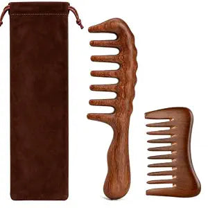 Wooden Comb, 2PCS Wide Tooth Comb for Scalp Massage & Distribute Oils