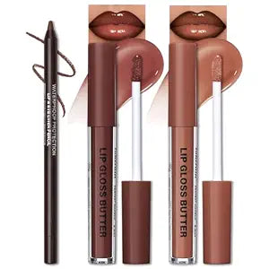 Erinde Lip Liner and Gloss Set, 2 Colors Nourishing Lip Gloss & Brown Lip Liner Combo Sets, Non-Sticky Glossy Plumping Lip Kit for Women, Lightweight Long Wear, Moisturizing Nude Lip Glow Oil, SET B