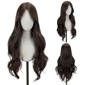 STYLER Brown Middle Part Wig with Bangs for Women -26 Inch Long Wavy Brown Wigs Synthetic Heat Resistant Hair Natural Looking Wigs for Daily Use Halloween Christmas Cosplay Party