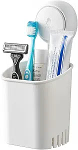 HOME&I Suction Cup Toothbrush Holder for Shower Wall, Drill-Free Self-Draining Bathroom Organizer, Removable Wall Mounted Storage for Toothpaste, Razor & Accessories