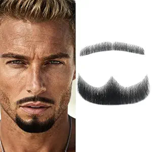 Fake Beard Goatee Mustache Realistic 100% Full Hand Tied Facial Hair, False Beards Lace Invisible Goatee Beards Halloween Dressing Men Makeup Entertainment Drama Party Movie Prop (C-Black)