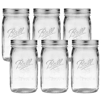 Ball Wide Mouth Glass Mason Jars with Lids and Bands, Used for Canning, Pickling, Juice, Jam, Jelly, Quart Size 32 Ounce (Pack of 6)