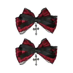 2PCS Gothic Bow Clips 3.96'' Halloween Hairbows Punk Hair Accessories for Girls Women Black Lace & Red Bow with Cross Duckbill Clips