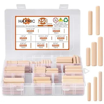 Hapric 250 Pcs 8 Sizes Wooden Dowel Pins Hardware Pins with Box