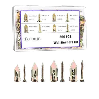 Self Drilling Drywall Anchors Kit - 200PCS, 2 Sizes Sheetrock Anchors & 4 Sizes Screws, Zinc Plated Steel, No Drill or Holes in Wall, For TV, Wall Hanging, Cabinets