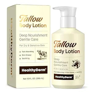 Beef Tallow Body Lotion for Skin: Grass-Fed Daily Moisturizing Cream for Dry, Mature & Crepey Skin, Fast-Absorbing, Non-Greasy, Fragrance-Free Moisturizer with Aloe & Shea Butter, 10 fl oz