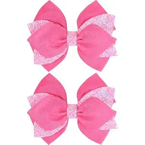 2PCS 4 Inch Sparkly Glitter Pink Hair Bow Clips for Girls Kids Teens