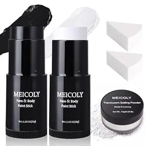 Black White Face Body Paint Stick Set with Sponges and Setting Powder,Face Paint Stick for Adults and Kids,Clown White Makeup,Face Painting for Halloween SFX Skull Zombie Skeleton Goth Makeup