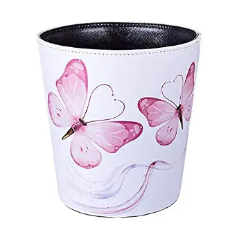 10L/2.64 Gallon PU Leather Trash Can Decorative Waterproof Wastebasket Paper Basket Garbage Bin for Home Office Bathroom - Pink Butterfly