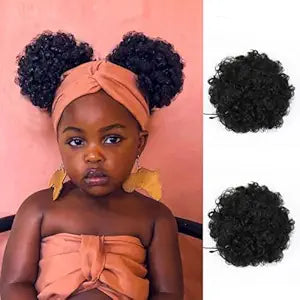 2 Pieces Small Afro Puff Ponytail Extension for Kids, Natural Drawstring Ponytails and Messy Hair Bun Afro Puff Ponytail Hairstyle for Girls(1B)