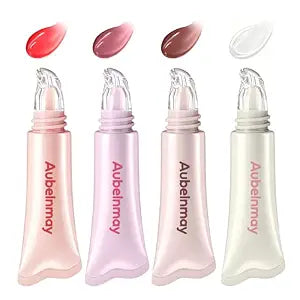 4 Pcs Hydrating Lip Gloss Lip Jam Set, Glow Tinted Lip Jelly, High Shine Glass Finish Nude Lip Treatment Liquid Lipstick for Girls and Women