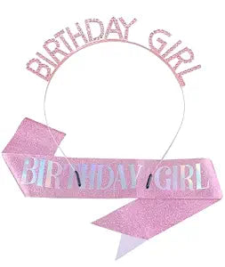 Birthday Sash and Crown Set for Women – Pink Glitter Birthday Girl Sash with Rhinestone Tiara Headband for Party Celebration Gift