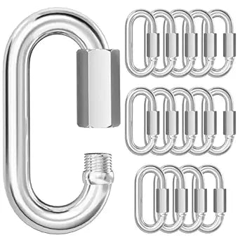 KINLINK Quick Link Chain Connector, 304 Stainless Steel 15PCS M6 1/4 Screw Carabiner, Small Locking Carabiner Clips Heavy Duty Chain Hooks for Towing, Swing, Shade Sail-Capacity 875LB