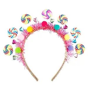 1 Pcs Candy Headband, Sweet Candy Hairband Lollipop Headpiece Princess Headband Colorful Pom Pom Bow Xmas Hair Accessories Costume Gift (Rainbow Tinsel)