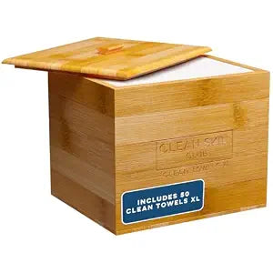 Clean Skin Club Luxe Bamboo container with Removable Cover includes Clean Towels® Original XL 50 Count, Disposable Face Towel Holder for Bathroom Counter