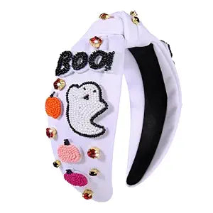 NVENF Halloween Headbands for Women, Rhinestone Crystal Embellished Knotted Headbands, Beaded Pumpkin Ghost Top Knot Headband Halloween Hair Accessories Party Favors Gifts (Ghost)
