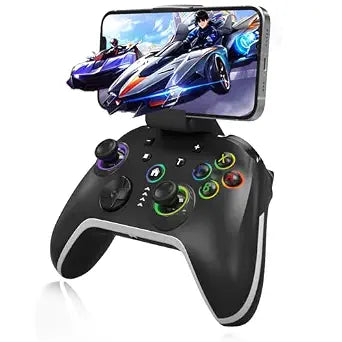 Bluetooth Controller Compatible with iPhone MFI/Android HID/Switch/Apple Arcade Games/Mac/Laptop/Steam Wireless Game Controller, Wired PC Control with Phone Clip RGB Lightning Turbo Vibration 6-Axis Gyro
