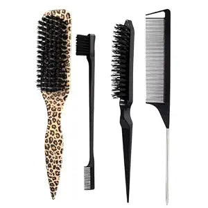 Slick Back Hair Brush Set,Leopard Printed Set,Smoothing Brush for Smooth Flyaways, Frizz, Sleek Ponytail, Buns and Edge Hair Control, Teasing Gel Comb Styling Accessories for Women (Black)
