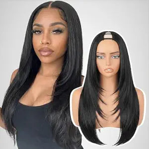 Yaki Straight V Part Wigs for Black Women Layered Synthetic Half Wig 180% Density Wear and Go Glueless Wig Heat Resistant No Leave out Clip in Hair Daily Use, #1B Black 26 Inch