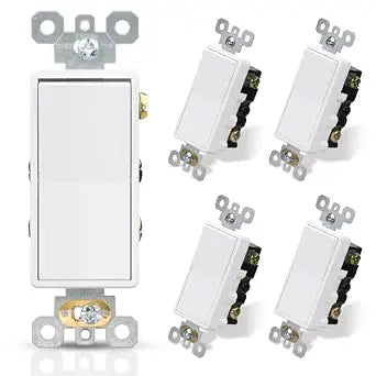 ELEGRP 4 Way Decorative Light Switch, 15Amp, 120-277 Volt, AC Decorator Rocker Paddle Wall Switch Replacement, Self-Grounding, Residential and Commercial Grade, UL Listed (5 Pack, Glossy White)