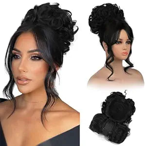 REECHO Messy Bun Hair Piece with Bangs - 2-in-1 Hair Bun Hairpieces Curly Updo Wig & Hair Topper with Long Side Bangs Natural-Looking Drawstring Ponytail Extension for Women - Black