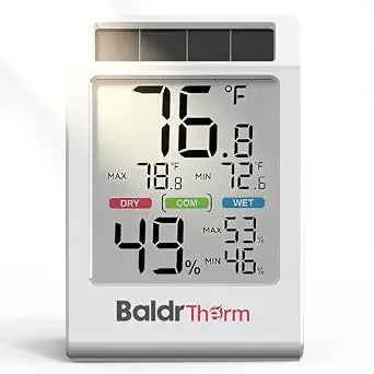 BALDR Solar Indoor Thermometer Hygrometer, Max/Min, Comfort Meter (White)
