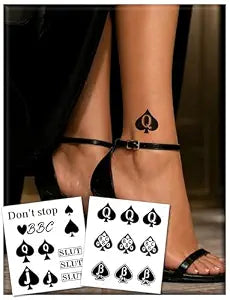 Semi Permanent Tattoo, 2 Sheets Realistic Sexy Kinky BBC QOS Temporary Tattoos for Women Adult Romantic Date, Lasts 1-2 Weeks Waterproof Non-Reflective, Jack of Spades & Queen of Spades