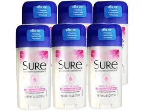 Sure Antiperspirant Deodorant, Solid, Fresh and Cool, 2.6 oz, (6 Pack)
