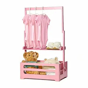 Baby Shower Crate Closet, Gender Reveal Storage Box with Wooden Baby Clothing Display Rack, Nursery Closet Organizer with Hanging Rod, Shelf & Toy Crate for Newborn Boy or Girl - Pink