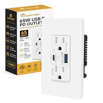 65W USB C Outlet PD3.0, Kcmytoner 1-Pack 15A Fast Charging Wall Outlet, Compatible with Mac Air, iPhone 15, Android, Tamper-Resistant, with LED Indicator,Residential & Commercial Grade,UL Listed