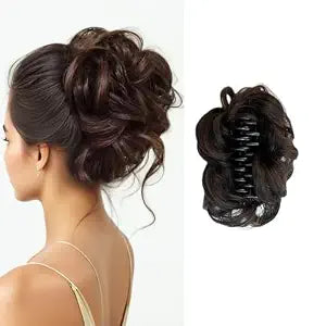 Curly Wavy Messy Bun Hair piece Easy Updo Extensions Claw Clips for Women Girls Dark Brown, Natural Fake Wig Tie Headpiece Chestnut Chocolate