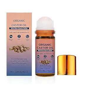 Organic Castor Oil Roll On with Rose Quartz Roller, 100% Castor Oil Organic Cold Pressed, Hexane-Free, for Face and Body, Hair, Eyebrows, Moisturize Skin -1pcs