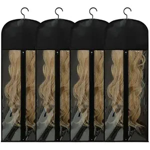 Jonley 4Pcs Extra Long Wig Storage Bags with Hanger, Wig Storage for Multiple Wigs, Wig Bag with Hook Storage, Breathable and Easy Carry Home Hair Salon Travel Use (Black 31.5in)