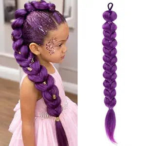 24 Inch Purple Braids Ponytail Hair Pre Braiding Hair with Tie Synthetic Purple Hair Extensions for Cosplay Costume Crazy Hair Day Ready-to-Wear Pre-Braided Ponytail
