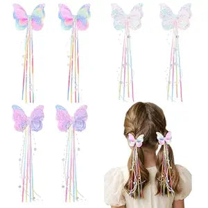 TOKUFAGU 6PCS Hair Bows for Girls, Glitter Butterfly Tassel Hair Clips Rainbow Hair Accessories for Girls Toddler Bows with Alligator Clips for Kids Child Teens
