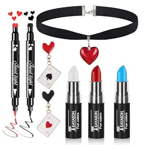Go Ho Red White and Blue Multi-use Lip Face Paint Stick,2PC Red&Black Hearts Eyeliner Stamp,Heart-shaped Earrings and Necklace Kit,Queen Cosplay Halloween Costumes Party Accessories for Women