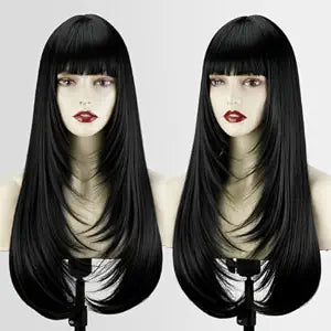 Black Long Straight Layered Wig with Bangs for Women(26Inch)