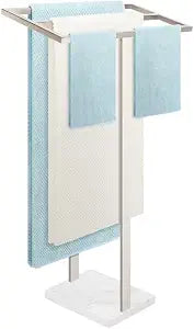 Livabber Standing Towel Rack, 304 Stainless Steel 2 Tier Towel Holder Stand with Heavy Marble Base, Stylish Floor Towels Bar for Bathroom Accessories, Laundry Room, Pool (Brushed Nickel)