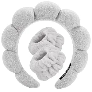 Spa Headbands for Washing Face Wristband Set Sponge Makeup Skincare Headband Wrist Towels Bubble Soft Terry Towel Cloth Hairband for Women Puffy Headwear Non Slip Thick Thin Hair Headwear (Gray)