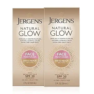 Jergens Natural Glow Face Self Tanner Lotion SPF 20, Fair/Medium, 2 oz, 2pk