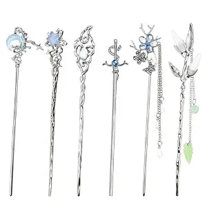 6PCS Star Moon Hair Sticks for Buns Long Hair Chinese Hanfu Asian Vintage Hair Chopsticks Metal Silver Hair Bun Updo Holders Long Hairpins for Women Girls