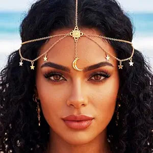 Aukmla Boho Head Chain Jewelry Star Gold Headpiece Moon Headband for Women