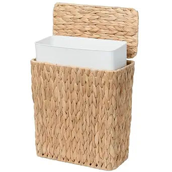 Coeusy 3 Gallon Wicker Trash Can,Small Bathroom Trash Can with Lid,Natural Water Hyacinth Wicker Waste Basket for Bedroom,Toilet,Narrow Garbage Can with Removable Liner