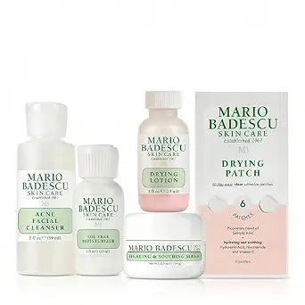 Mario Badescu Good Skin Is Forever & Clear 5-Piece Set – Acne Facial Cleanser, Drying Lotion, Pimple Patch, Oil-Free Moisturizer & Soothing Face Mask for Oily & Blemish-Prone Skin